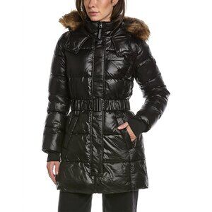 NEW FRENCH CONNECTION Belted Puffer Jacket With Faux Fur Trimmed Hood black 864m